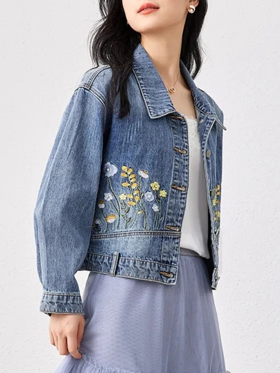 Women Fashion Jeans Top - Giacca corta in Denim ricamato floreale