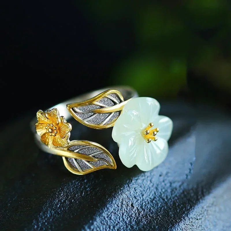 Women Fashion Rings - 925 Argento Bianco Hetian Giada Fiore