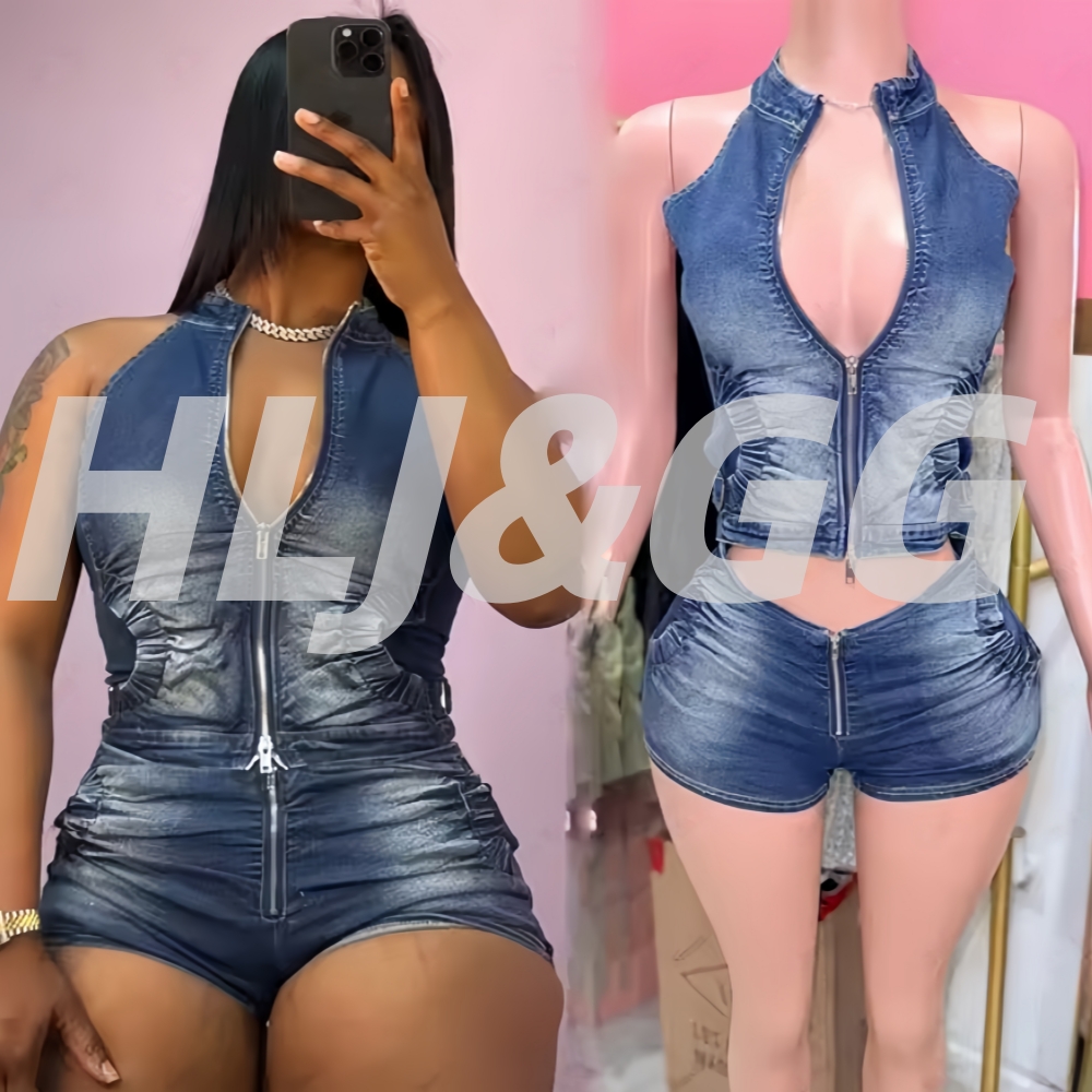 Women Fashion Jeans Top - HLJ&GG Blu Moda Denim Halter Due