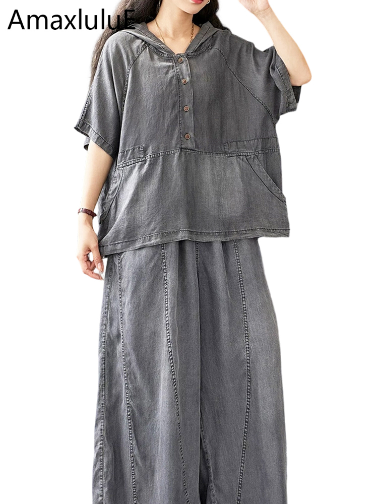 Women Fashion Jeans Top - Amax LuluE Set Estivo con Cappuccio
