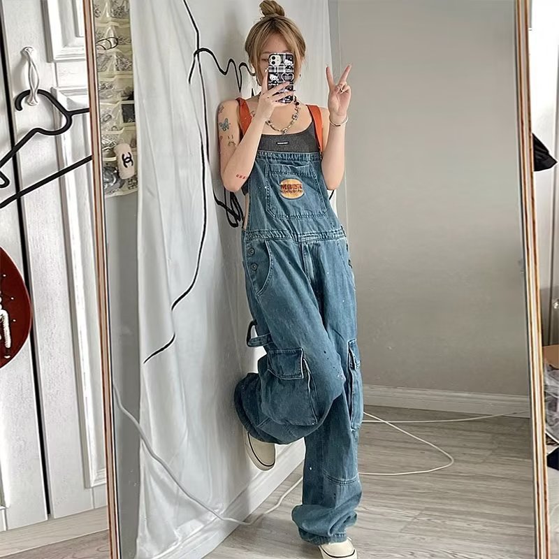 Women'S Fashion Trousers - Pantaloni Larghi in Denim Retrò da