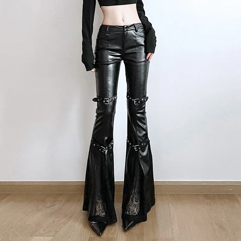 Women'S Fashion Trousers - Pantaloni svasati in pelle PU da